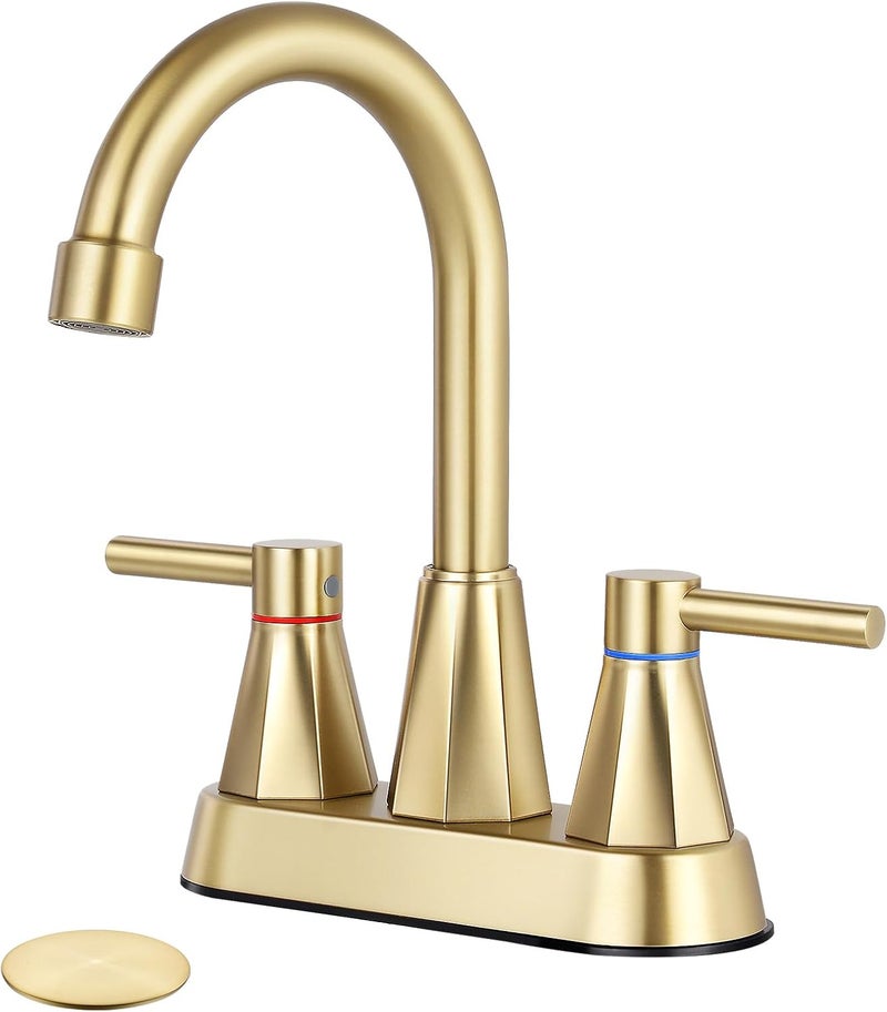 KHQF 4 inches Bathroom Faucet for 3 Hole,2-Handle Bathroom Sink Faucets with Pop Up Drain (Brush Gold) - Image 1